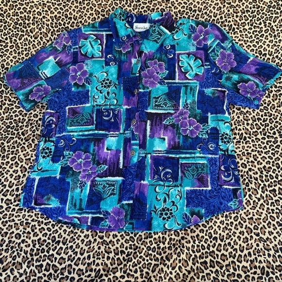 Vintage Shirt Funky 80s Print Collared Short Sleeved Top Light Shoulder Pads - Picture 8 of 9